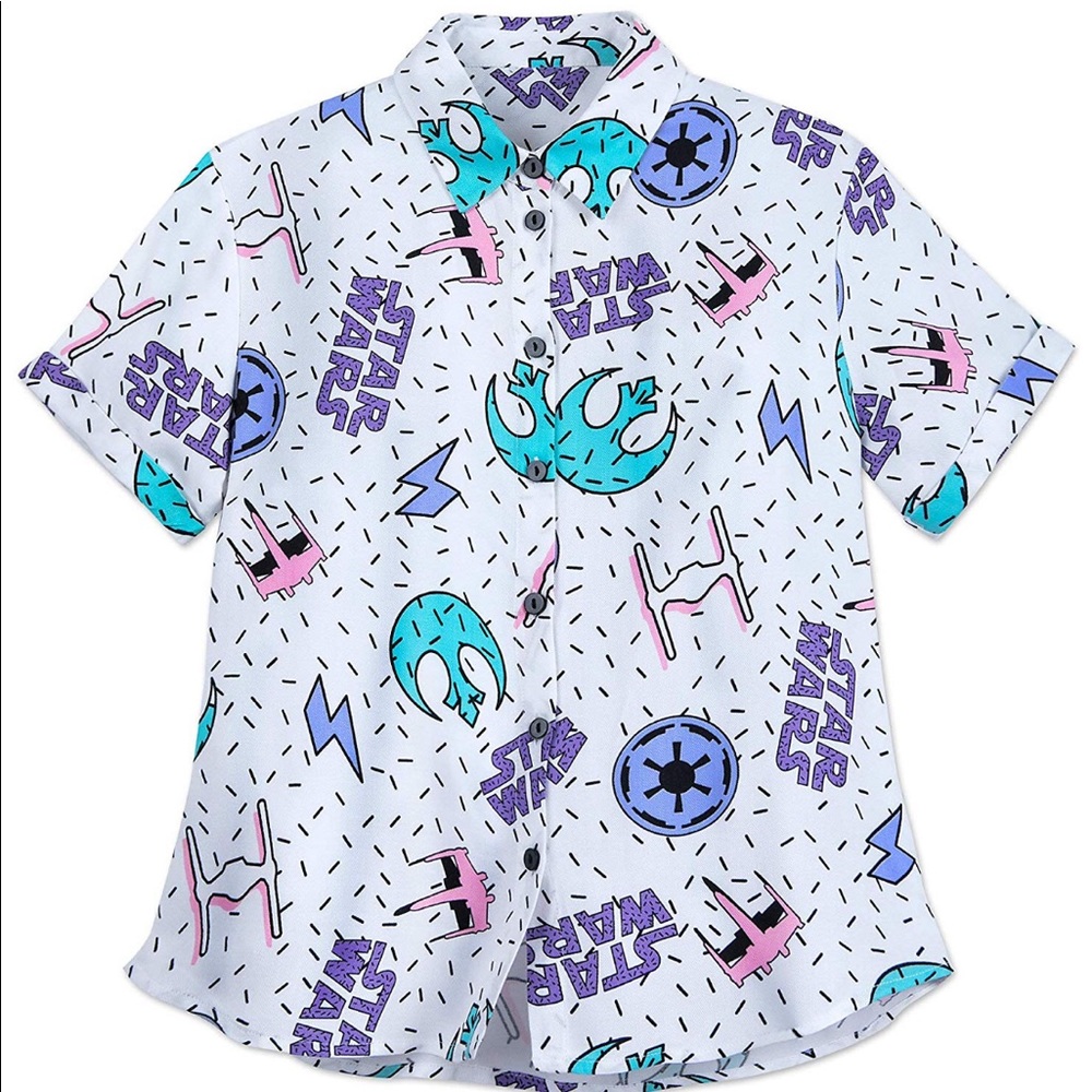 Disney White Button-Down Shirt with Teal, Purple & Pink Star Wars Print